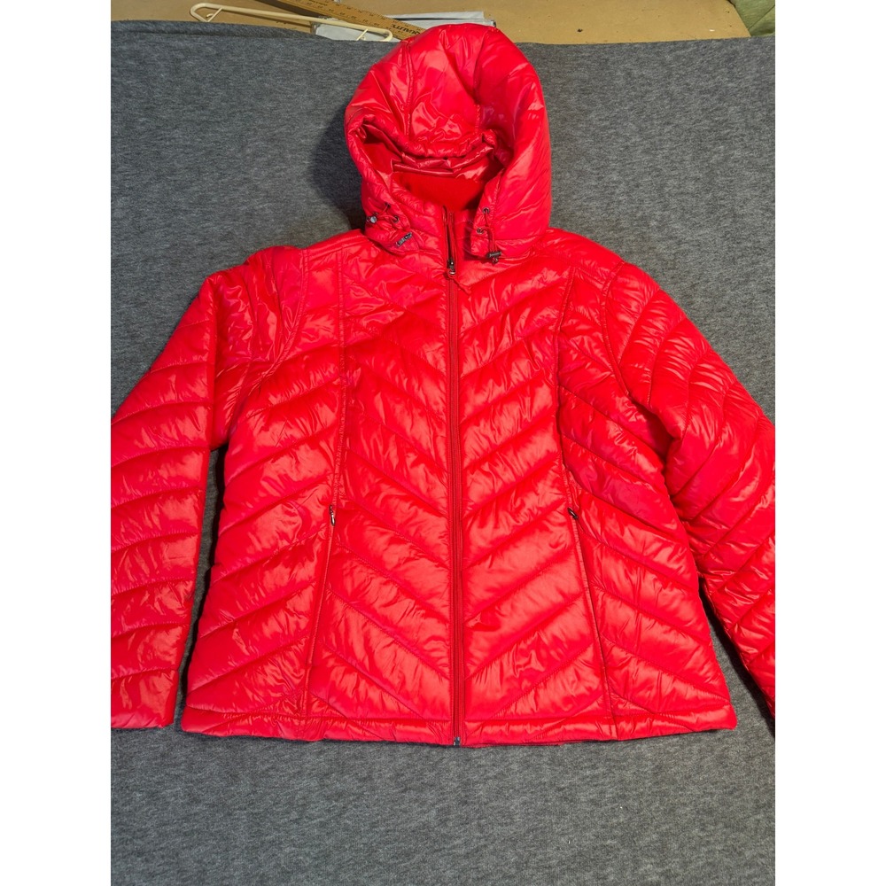 Tek Gear WarmTek Red Puffer Jacket Hooded Chevron Quilted Full Zip XXL